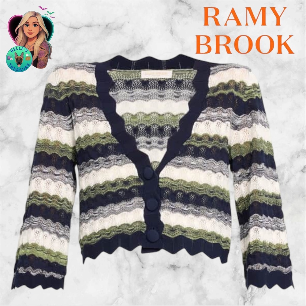 Ramy Brook Nell Wavy Knit Cropped Cardigan Women's Small Spring Navy Bell Sleeve